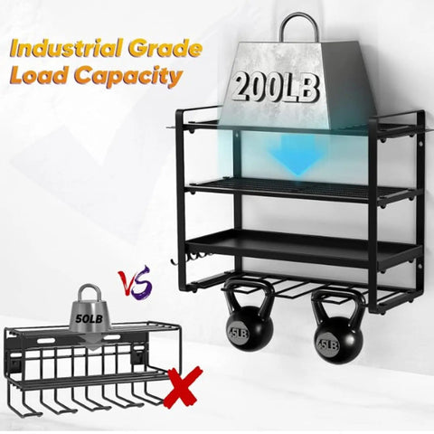 Badass Heavy Duty Wall Mounted Power Tool Organizer Rock Solid Drill Holder showcasing 200LB capacity and extra hooks.