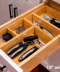 2.5 Inch High Bamboo Drawer Organizer With Five Rearrangeable Bins for kitchen drawer, showing utensils neatly organized.