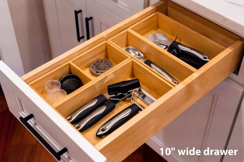 2.5 Inch High Bamboo Drawer Organizer With Five Rearrangeable Bins for kitchen drawer, showing utensils neatly organized.