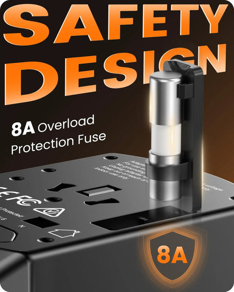 Close-up of Universal Travel Power Adapter With 2 USB C Ports And 2 USB A Ports showing 8A overload protection fuse.