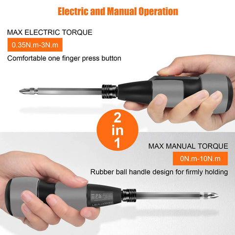 Hands holding 2 In 1 Cordless Electric Screwdriver Kit With LED Light And USB Charging showing electric and manual modes