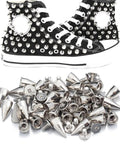 Front view of black high-top sneaker decorated with round cone metal spikes; 7x14mm screwback studs.