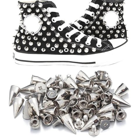 Front view of black high-top sneaker decorated with round cone metal spikes; 7x14mm screwback studs.