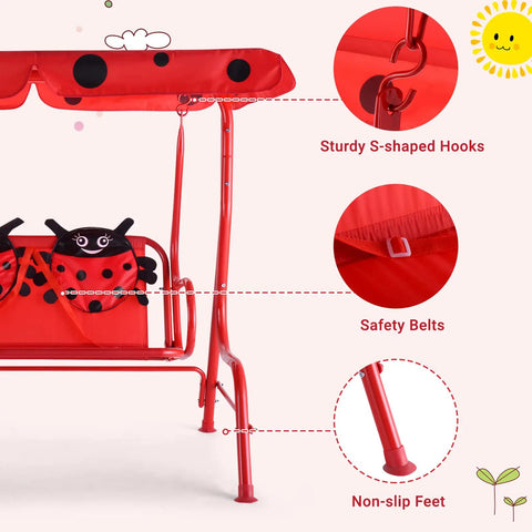 Porch Swing For Two Children With Adjustable Canopy And Safety Belts For All Weather Outdoor Patio Hammock Bench In Red Ladybug Pattern with sturdy frame, safety belts, and non-slip feet detail.
