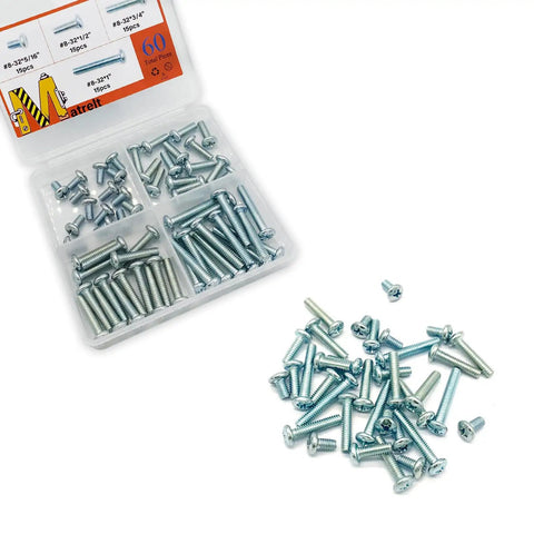 60 Piece Set Of Machine Screws Size Eight Thirty Two Thread Assortment Kit With Phillips Pan Head In Four Lengths visible with case