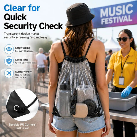 Person wearing Clear Drawstring Bags 4 Pack Stadium Approved See Through Backpacks for Concerts and Sports Events at security checkpoint