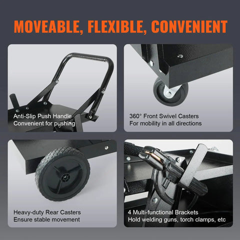 Close-up view of Heavy Duty 3 Tier Welding Cart With 360 Degree Swivel Wheels, push handle, rear casters, and brackets
