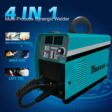 Close-up of 3 In 1 Gasless Welder 140A 110V MIG MMA Lift TIG Flux Core Wire Welder No Gas Inverter with controls and handle