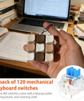 120 Pack Blue MX-Compatible 3-Pin Mechanical Keyboard Switches With Switch Puller, Cleaning Brush, And Cloth Go-To DIY Switch Kit For 3D Prints, Replacements, And Custom Keyboard Builds held in hand
