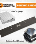 Heavy Duty 18 Inch Sheet Metal Bender shown with examples of bending ranges for steel 24 gauge and stainless steel 28 gauge