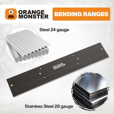Heavy Duty 18 Inch Sheet Metal Bender shown with examples of bending ranges for steel 24 gauge and stainless steel 28 gauge