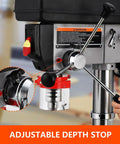 Detailed view of adjustable depth stop on the 13 Inch Floor Drill Press With 7.5A Motor, Heavy Duty Cast Iron Construction for professional tasks.