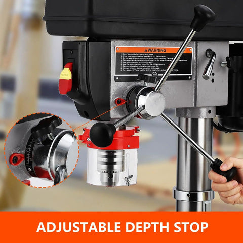 Detailed view of adjustable depth stop on the 13 Inch Floor Drill Press With 7.5A Motor, Heavy Duty Cast Iron Construction for professional tasks.