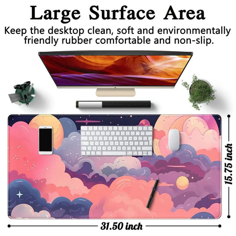 Cute Desk Pad With Kawaii Clouds In Pink And Purple XXL Full Desk Mat For Gaming And Work 31.5 By 15.7 Inches shown on a desk