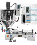 Heavy Duty Pneumatic Filling Machine With Heating Mixer And Single Nozzle Stainless Steel Paste Liquid Bottle Filler Hopper shown with speed regulator and temperature controller.