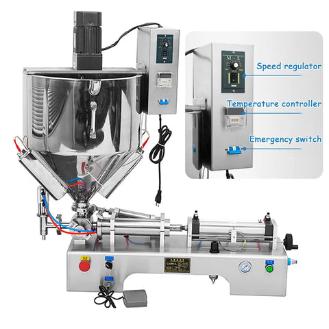 Heavy Duty Pneumatic Filling Machine With Heating Mixer And Single Nozzle Stainless Steel Paste Liquid Bottle Filler Hopper shown with speed regulator and temperature controller.