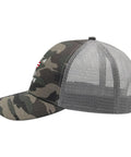 Side view of Military Wife Of A Vietnam Veteran Trucker Hat For Women Adjustable Buckle Cap with camo design and mesh back