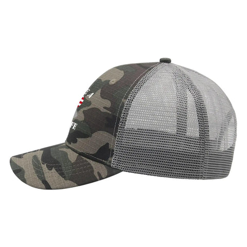 Side view of Military Wife Of A Vietnam Veteran Trucker Hat For Women Adjustable Buckle Cap with camo design and mesh back