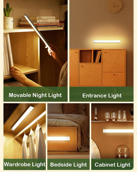 98 LED Under Cabinet Lights With 1500mAh Rechargeable Battery Motion Sensor Dimmable Night Lights installed in various settings