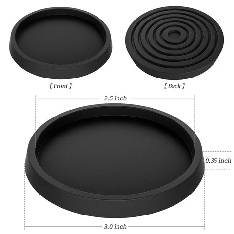 No Slip Two And A Half Inch Furniture Coasters Caster Cups Four Pack Rubber Floor Pads Protect Hardwood Floors And Furniture Legs Soft Touch Leg Protectors For All Sizes Of Furniture Black showing front and back view with dimensions