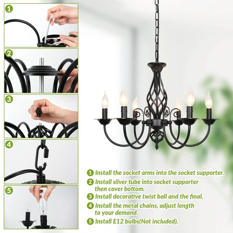 Assembly guide for Six Light Farmhouse Candle Chandelier For Living Room And Kitchen, Rustic Industrial Pendant Ceiling Light Fixture