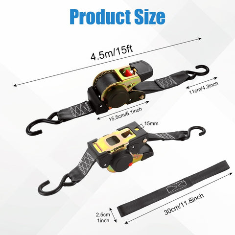 Two Pack 2 Inch Retractable Ratchet Straps With Storage Bag, Self Retracting Tie Down Straps 15 Ft, 3,300 Lb Break Strength