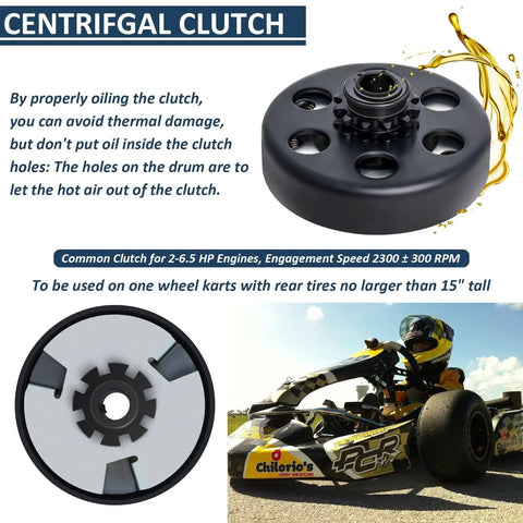 Centrifugal Clutch Set For Go Kart Mini Bike With Five Eighths Bore Twelve Tooth Sprocket And Hardware Kit With Number 35 Chain Fits Predator 212cc And Two To Six Point Five HP Engines Honda Clone Briggs Tecumseh, shown with kart image background