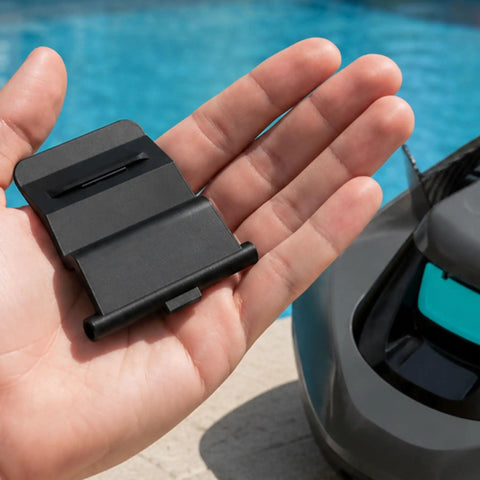 Heavy Duty Replacement Housing Buckle Clips 4 Pack Secure Locking Snap Fasteners For Robotic Pool Cleaners held in hand near pool.