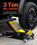 VEVOR 3-ton low-profile floor jack in yellow and black lifting SUV, with dual pistons
