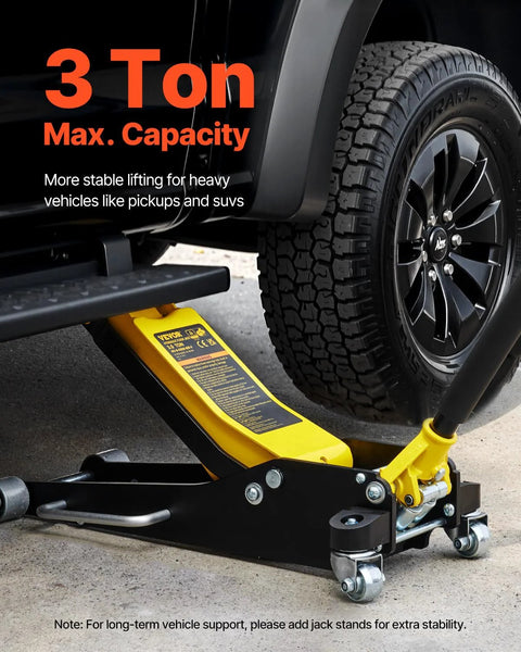 VEVOR 3-ton low-profile floor jack in yellow and black lifting SUV, with dual pistons