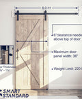 6 Ft Sliding Barn Door Hardware Kit With Track, Pull Handle Set And Floor Guide For 36 Inch Wide Doors, shown installed on a wall.