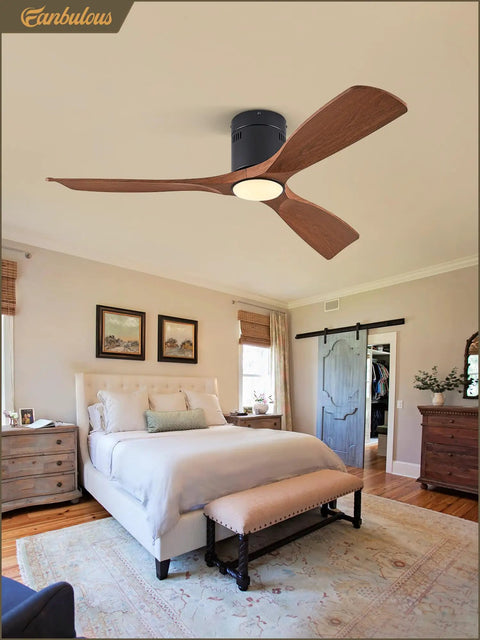 52 Inch Ceiling Fan With Lights And Remote Modern Flush Mount 3 Color Temperatures LEDs Quiet DC Motor in a bedroom