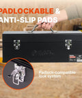 Sturdy 20 Inch Steel Tool Box With Rust Resistant Carbon Steel Build, Portable And Padlockable, shown with lock system in use.