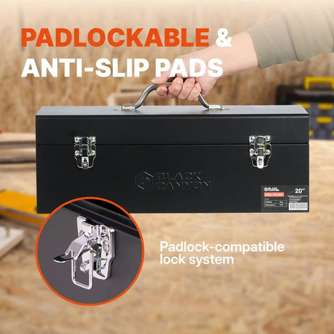 Sturdy 20 Inch Steel Tool Box With Rust Resistant Carbon Steel Build, Portable And Padlockable, shown with lock system in use.