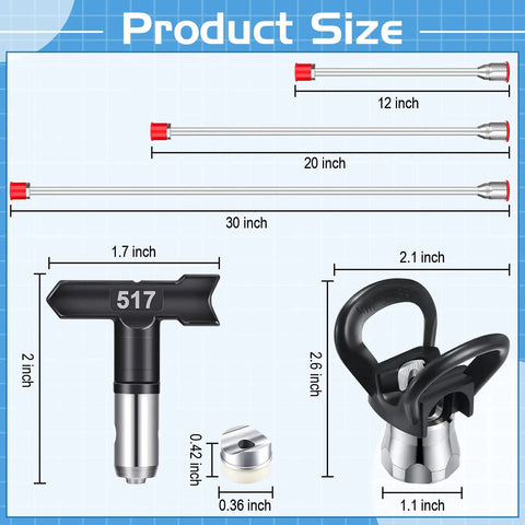 Product dimensions of Airless Paint Sprayer Tool Set With Three Extension Poles 30 cm, 50 cm, 75 cm, Reversible Tip Nozzles And Guard