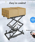 Top Shelf Electric Scissor Lift Table With Foldable Design And Wireless Remote Control, black steel frame, wireless remote operation.
