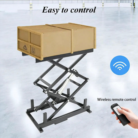 Top Shelf Electric Scissor Lift Table With Foldable Design And Wireless Remote Control, black steel frame, wireless remote operation.