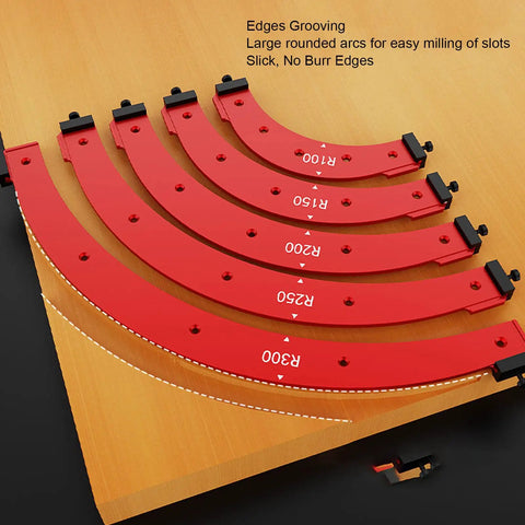 Pro Level Aluminum Round Corner Radius Template Set R100 To R300 Heavy Duty Router Guide showing rounded arcs for cabinet edges.