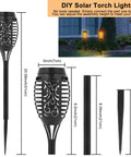 Dimensions and DIY assembly of 4 Pack Solar Tiki Torch Lights With Flickering Flame IP65 Waterproof Outdoor Solar Powered Pathway Garden Yard Patio Porch Decor For Halloween And Year Round Vibe