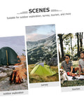 Three scenes for outdoor activities: a tent by a campfire, a tent in the mountains, and people enjoying a picnic in the woods.