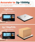 Wireless Kitchen Scale Detachable Display Pro Grade Large Platform 33Lb 15Kg Precise 0.1oz 1g with digital display, box on scale.