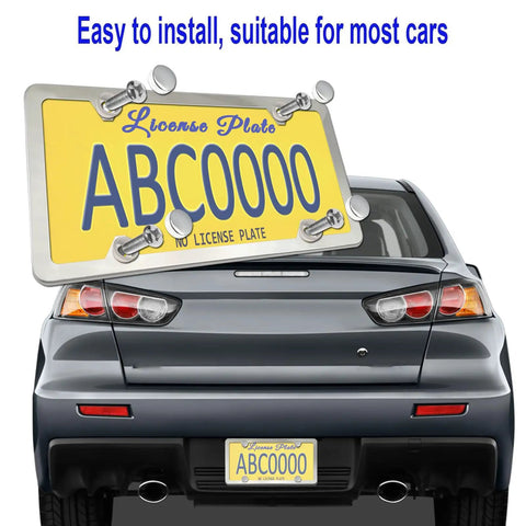 All In One License Plate Frame Cover Kit With Clear Flat Plate Cover And Stainless Steel Tag Holder Unbreakable Shield For Standard US Plates Includes Mount Screws And Chrome Caps Front Or Rear Use shown with yellow plate on gray car