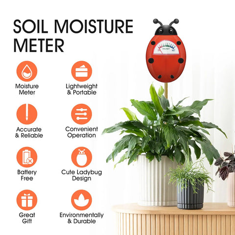 Soil Moisture Meter For Plants, Easy Watering Guide With Clear Reading Dial, ladybug design next to potted plants