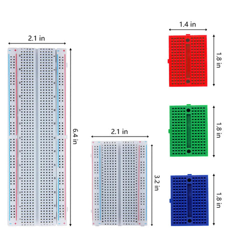 Flexible Wires Included In A Breadboard Kit With 9V Power Module And Dual 5V And 3.3V Outputs For Arduino IoT And STEM Projects Includes 3 Color Coded 170 Tie Point Mini Boards For Quick Prototyping And Easy Debugging., shown with size labels and mini breadboard dimensions