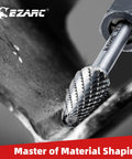 EZARC SF-5 tungsten carbide rotary burr, double-cut, 1/4-inch shank, close-up view cutting metal