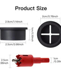 18 Pack Flexible Silicone Desk Cable Grommets With 1 Inch Hole Saw Heavy Duty Cord Hole Covers For Office Tables And Wall Panels Black size measurement diagram showing dimensions of grommets and hole saw.