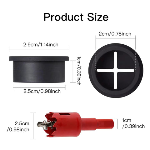18 Pack Flexible Silicone Desk Cable Grommets With 1 Inch Hole Saw Heavy Duty Cord Hole Covers For Office Tables And Wall Panels Black size measurement diagram showing dimensions of grommets and hole saw.