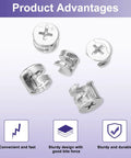 Rock Solid Cam Lock Nuts For Heavy Duty Furniture Sets Nickel Plated Zinc Alloy Dowel Binders With Deep Cross Slot Grip Straight Shooter Locking Hardware For Kitchen Cabinets 10 Pack shown from the top with cross slot grips.