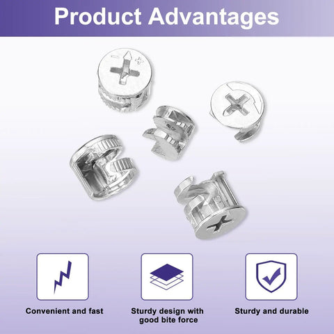 Rock Solid Cam Lock Nuts For Heavy Duty Furniture Sets Nickel Plated Zinc Alloy Dowel Binders With Deep Cross Slot Grip Straight Shooter Locking Hardware For Kitchen Cabinets 10 Pack shown from the top with cross slot grips.