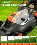 Corded Lawn Mower With 16 Inch Cut And 13 Amp Motor Five Height Settings Easy Vertical Fold Storage Two In One Mulching And Bagging 98 Percent Grass Clippings Collected Ideal For Small To Medium Lawns And Gardens showing 5-level height adjustment lever.